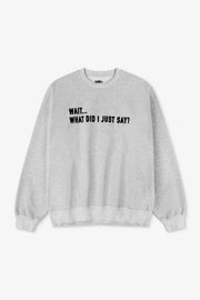 Gray sweatshirt with text 'WAIT... WHAT DID I JUST SAY?' on a white background