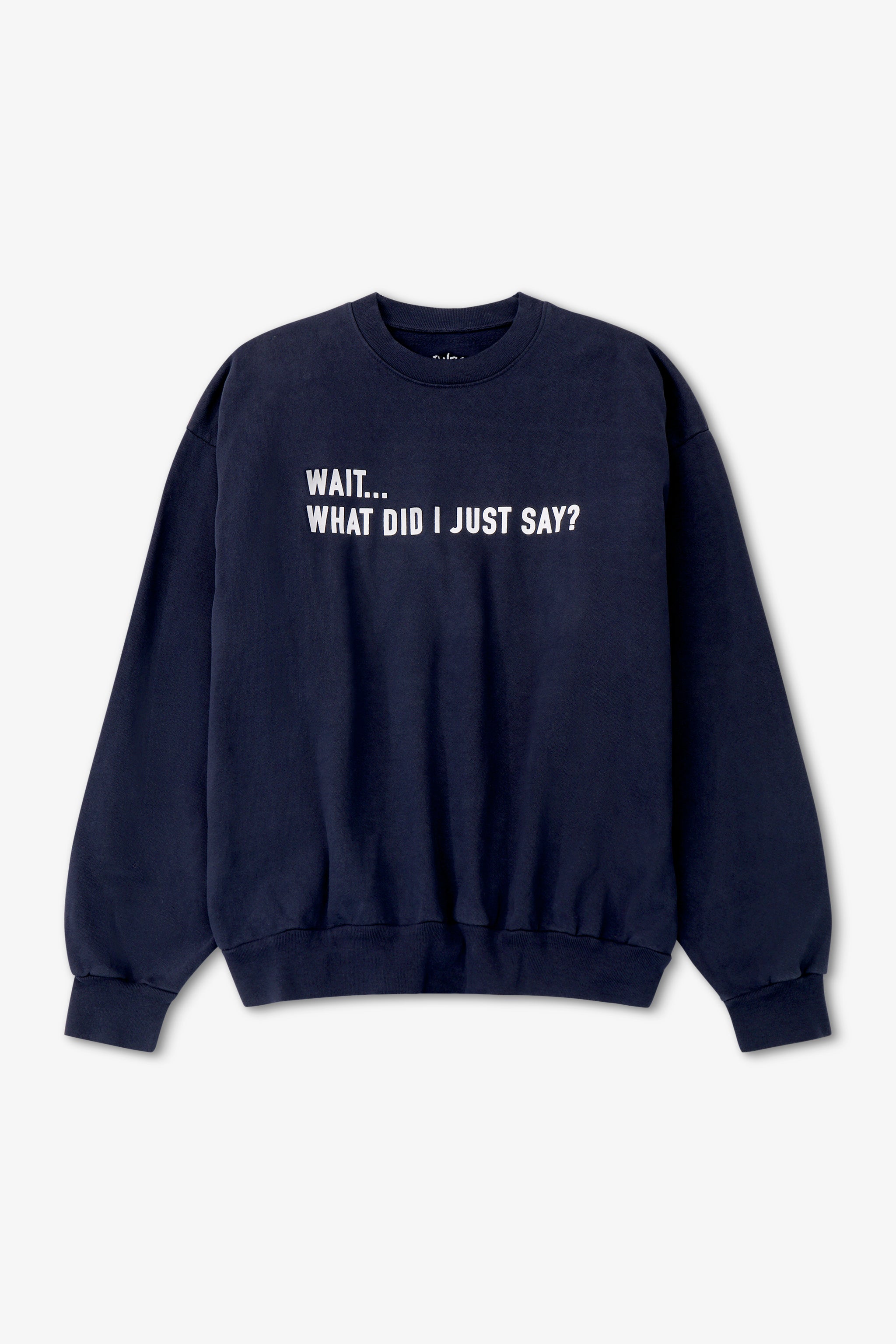 Navy blue sweatshirt with white text on a light gray background