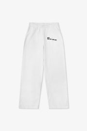 White sweatpants with black text on a white background