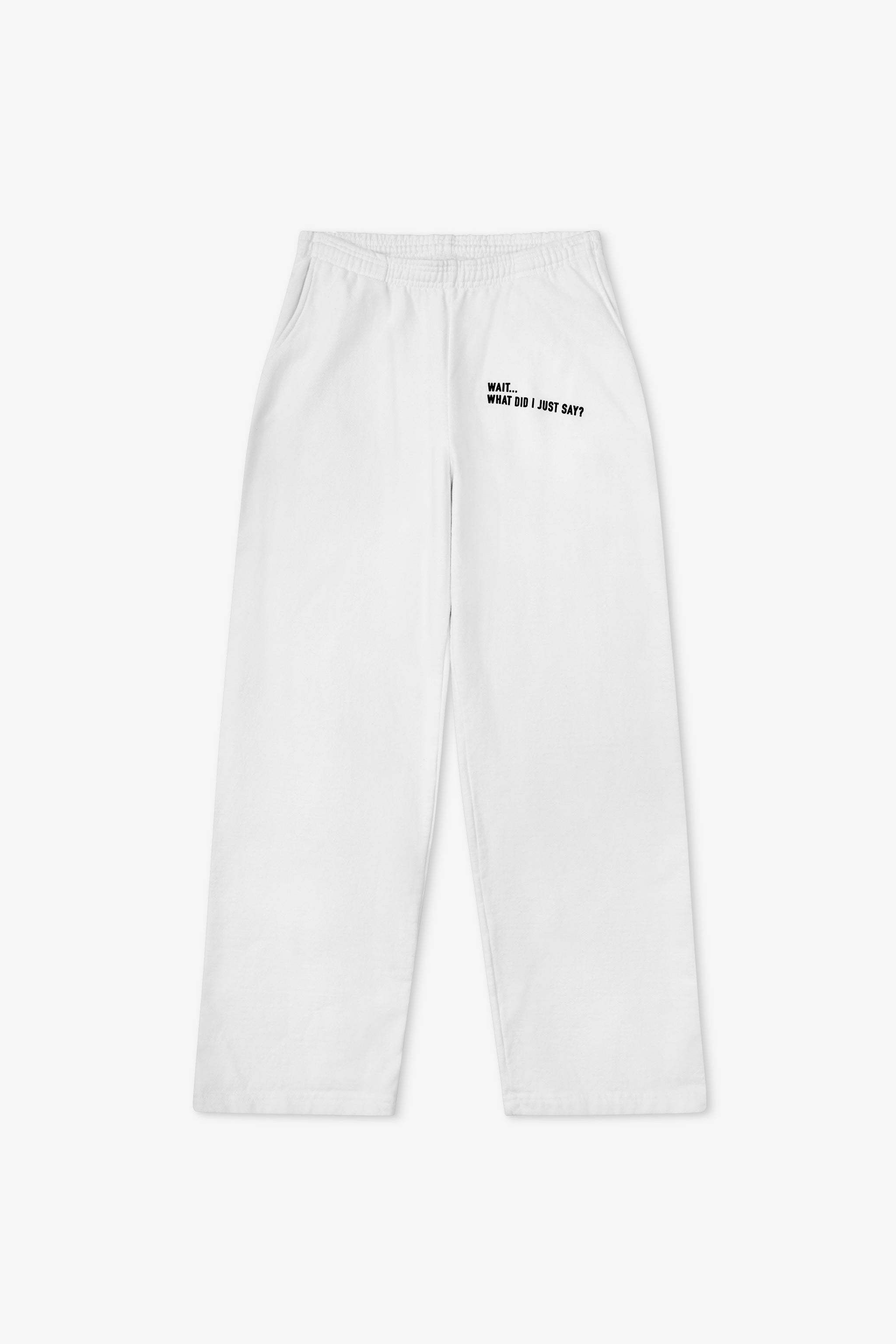 White sweatpants with black text on a white background