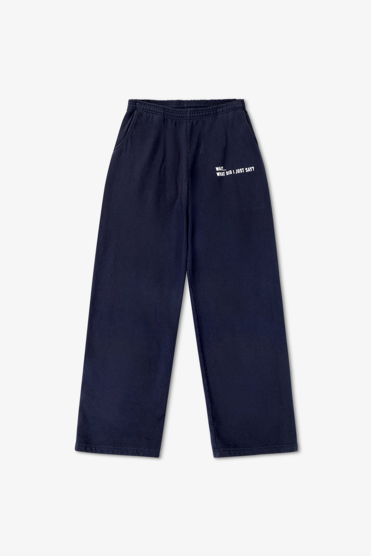 Navy blue pants with a small white logo on a light gray background