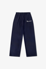 Navy blue pants with a small white logo on a light gray background