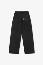 Black pants with white text on a white background