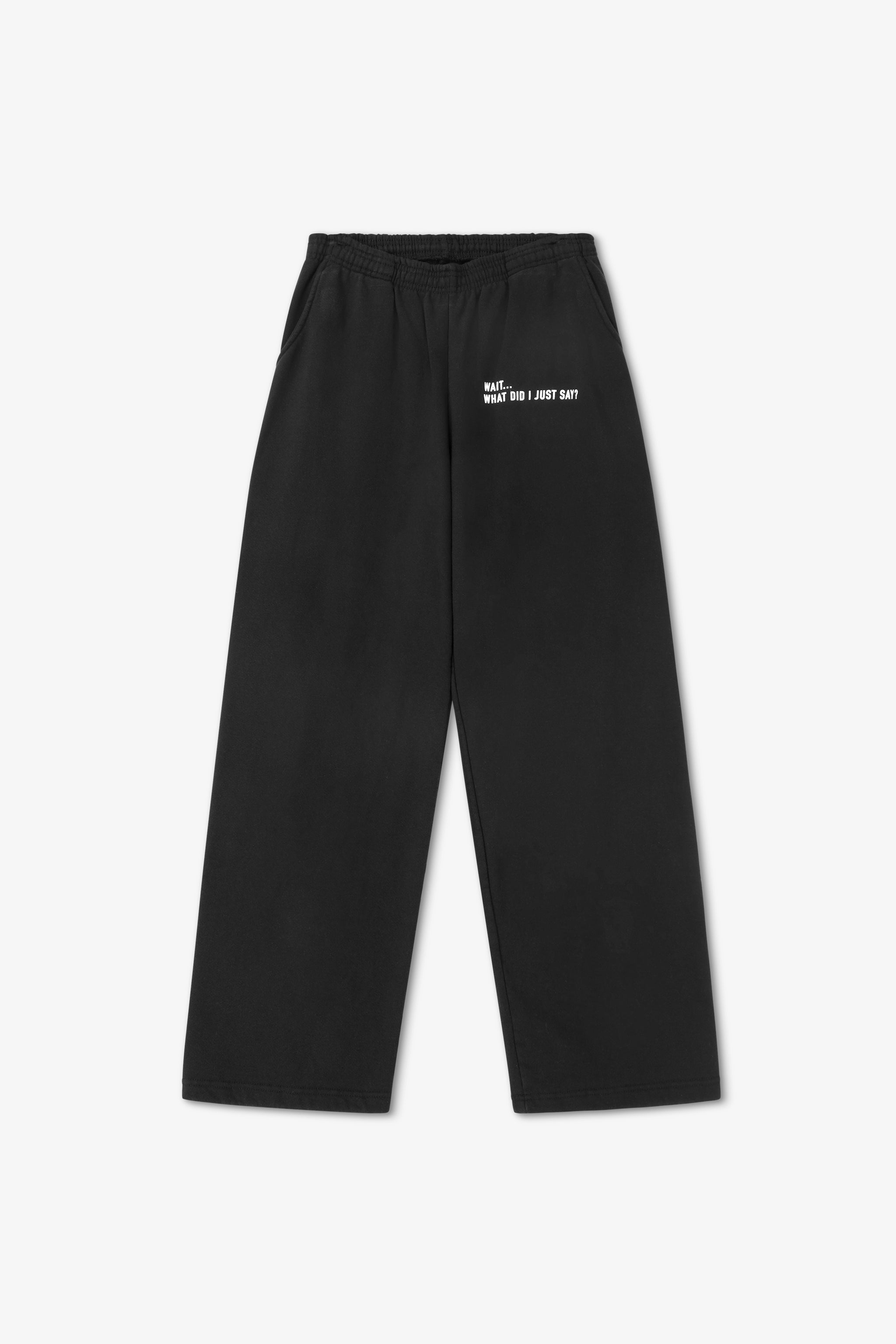 Black pants with white text on a white background