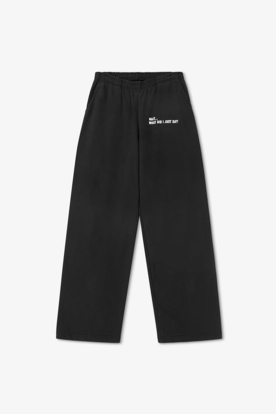 Black pants with white text on a white background
