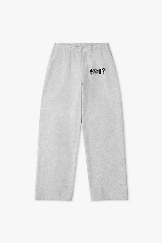Gray sweatpants with text on a white background