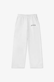 White pants with black text on a white background