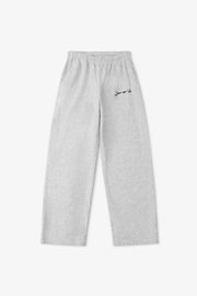 Gray sweatpants with text on a white background