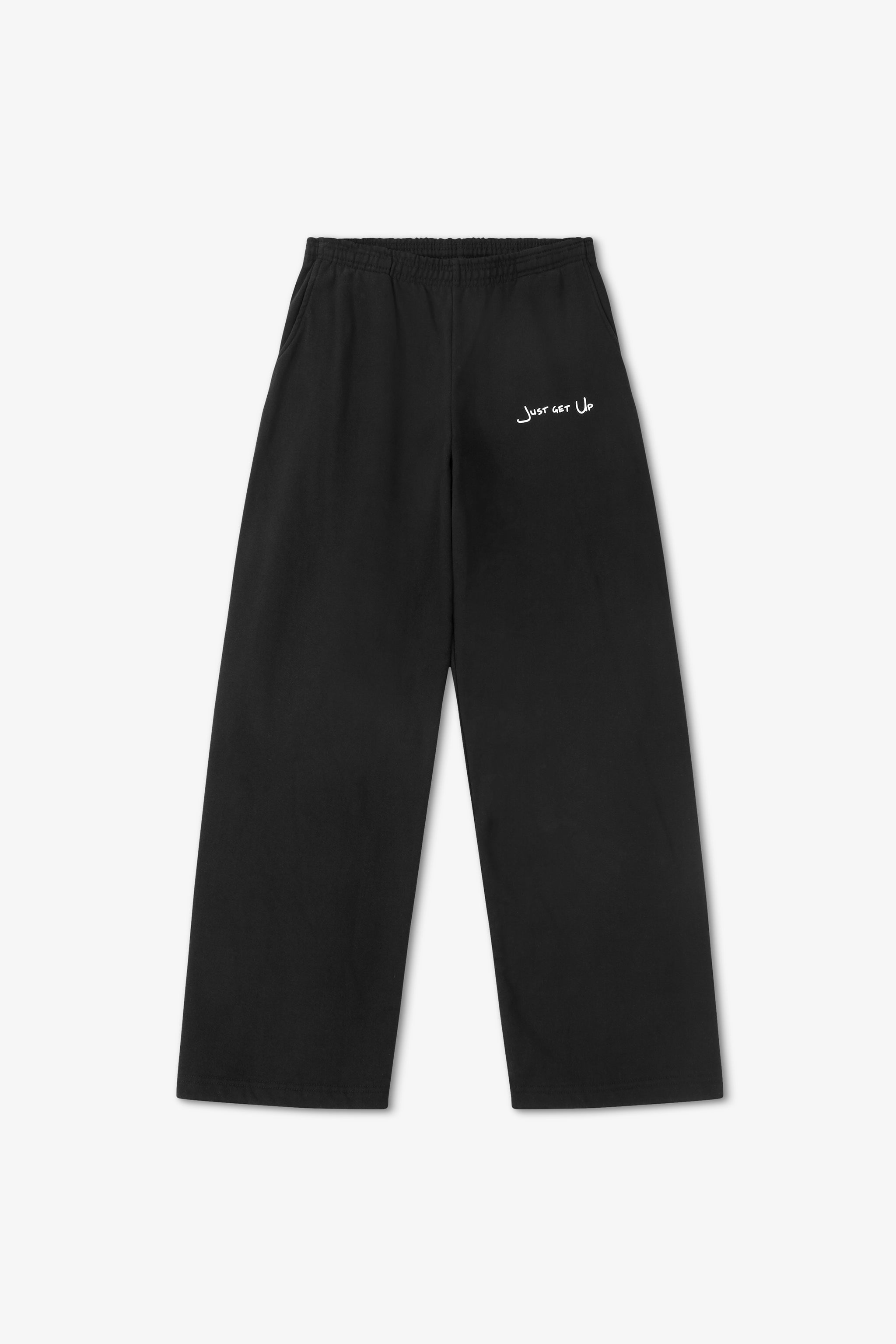 Black pants with white text on a white background