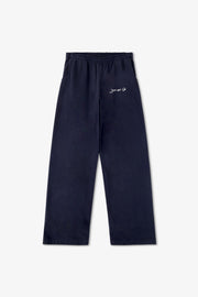 Navy blue pants with white text on a white background