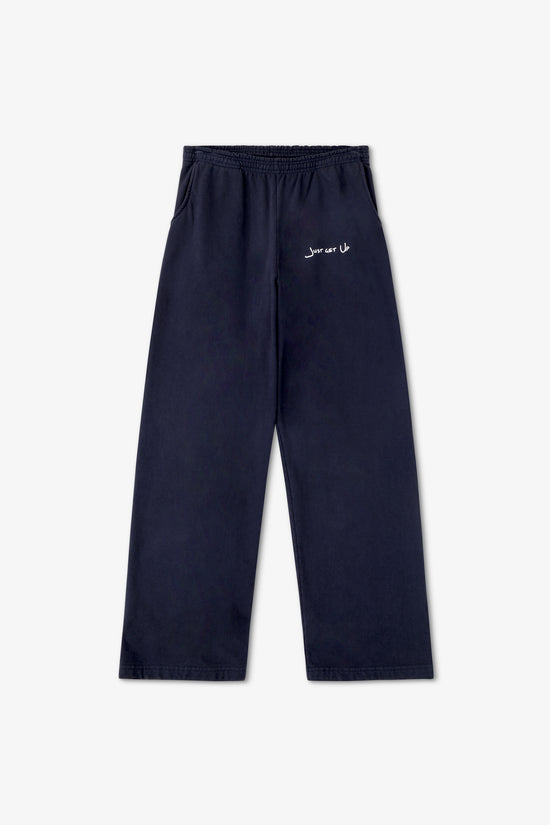 Navy blue pants with white text on a white background