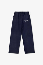 Navy blue pants with a small white logo on a white background