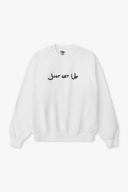 White sweatshirt with 'Just get up' text on a white background