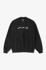 Black sweatshirt with 'Just Get Up' text on a white background