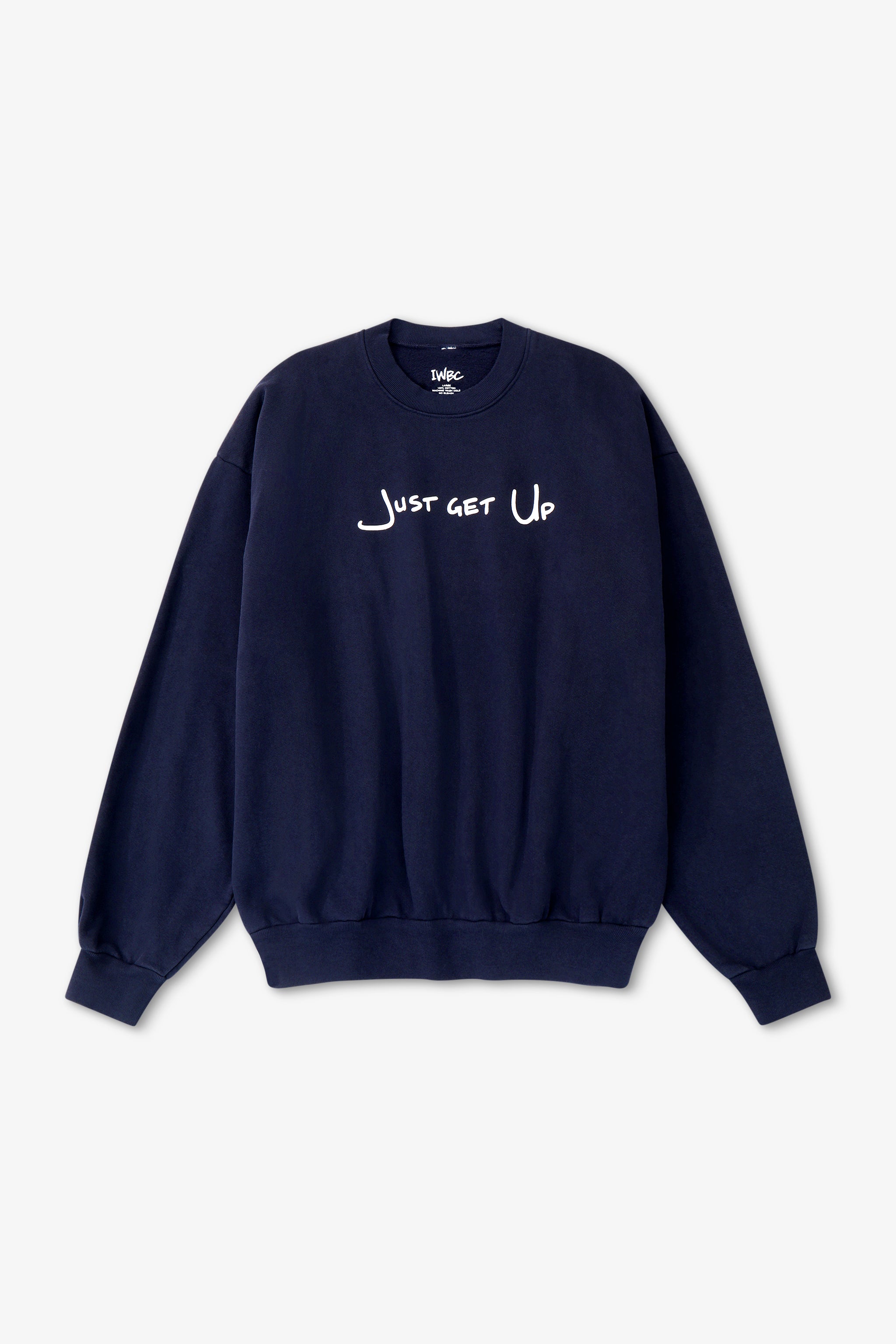 Navy blue sweatshirt with 'Just Get Up' text on a light gray background