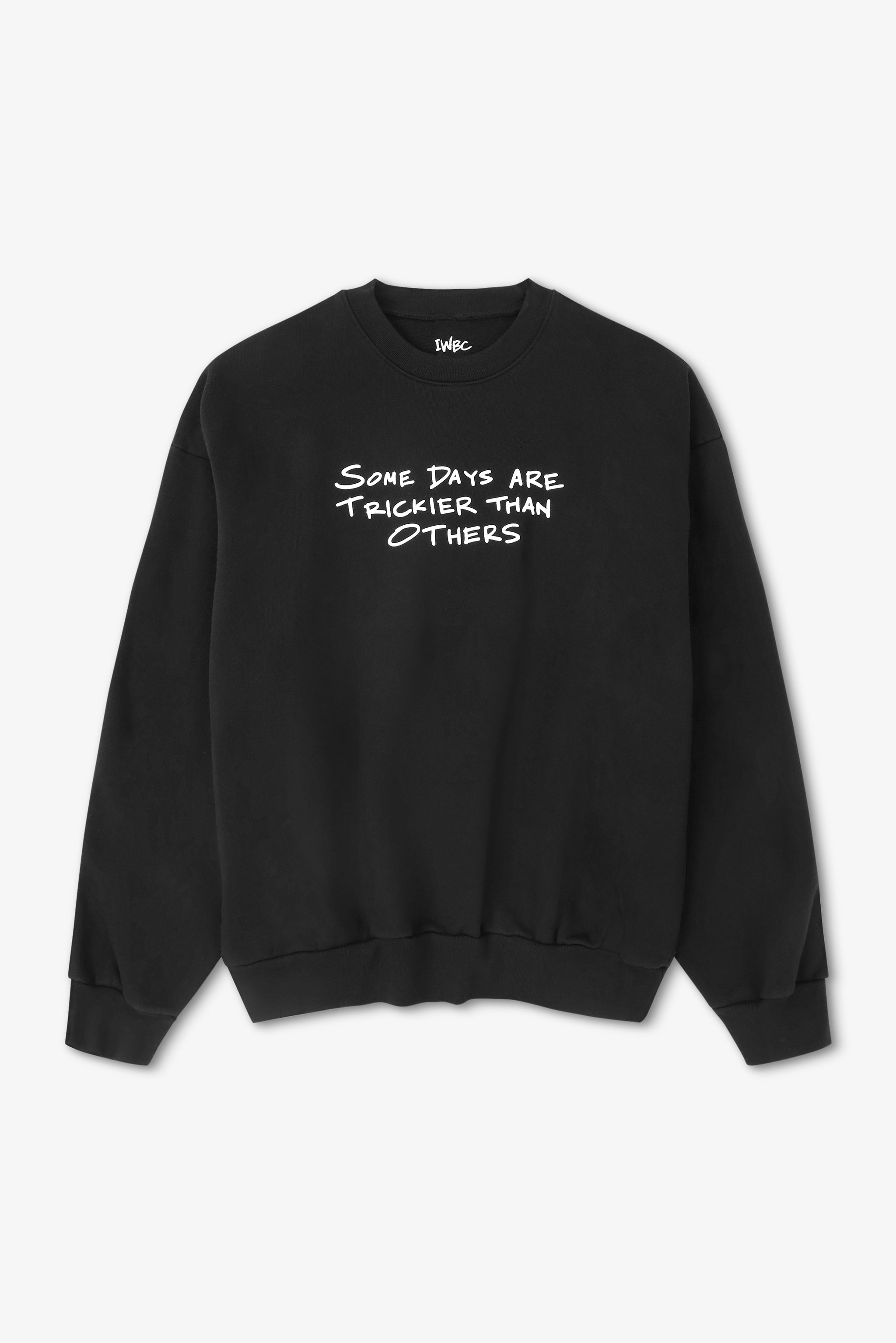 Black sweatshirt with white text on a light gray background