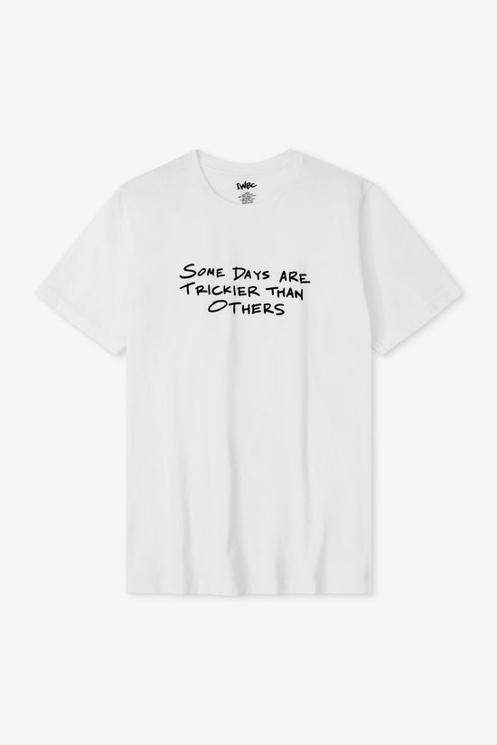 White t-shirt with black text on a white background