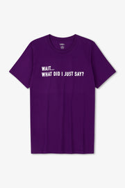 Purple t-shirt with white text on a light gray background