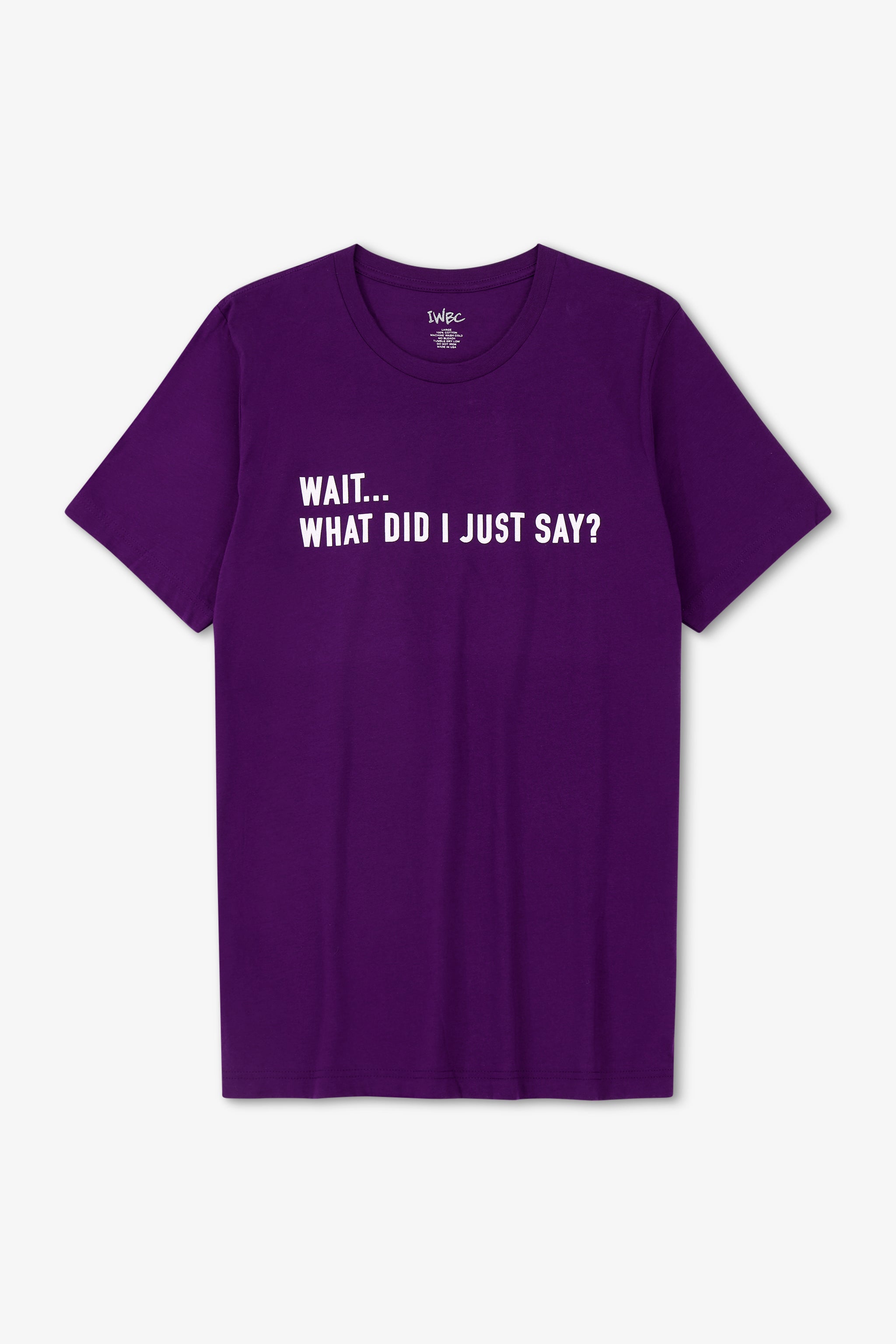 Purple t-shirt with white text on a light gray background