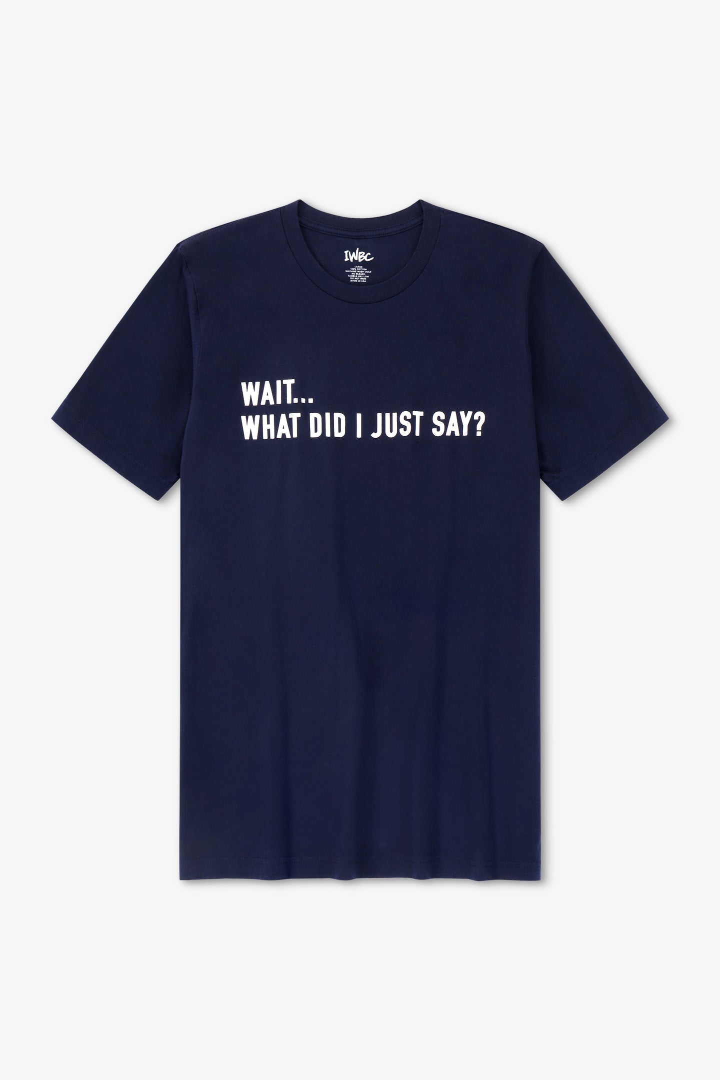 Navy blue t-shirt with white text on a light gray background