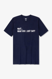 Navy blue t-shirt with white text on a light gray background