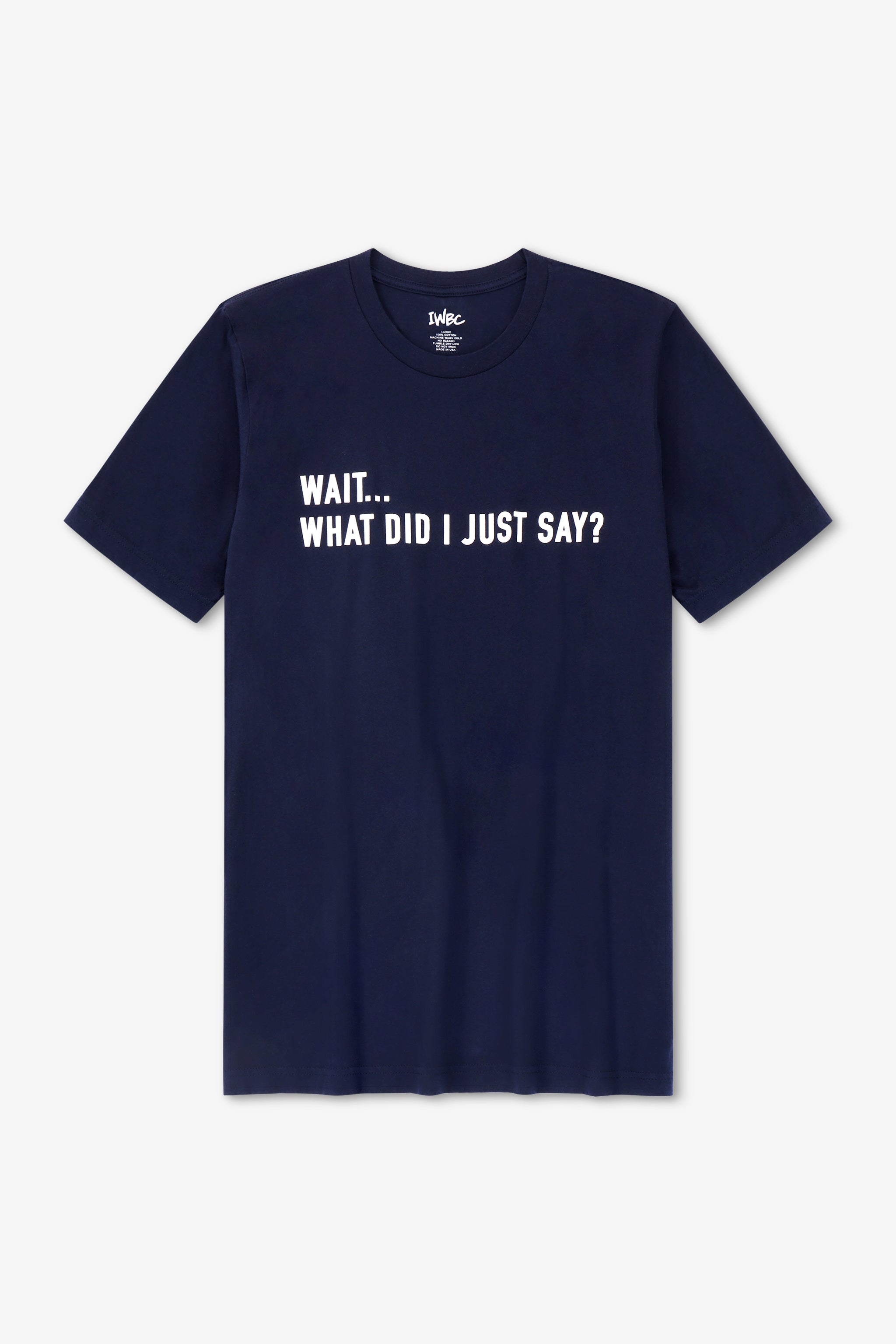 Navy blue t-shirt with white text on a light gray background