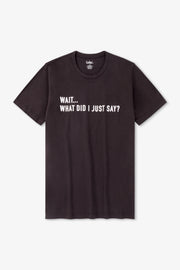 Black t-shirt with white text on a light gray background