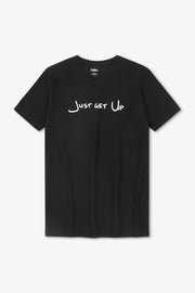 Black t-shirt with 'Just Get Up' text on a white background