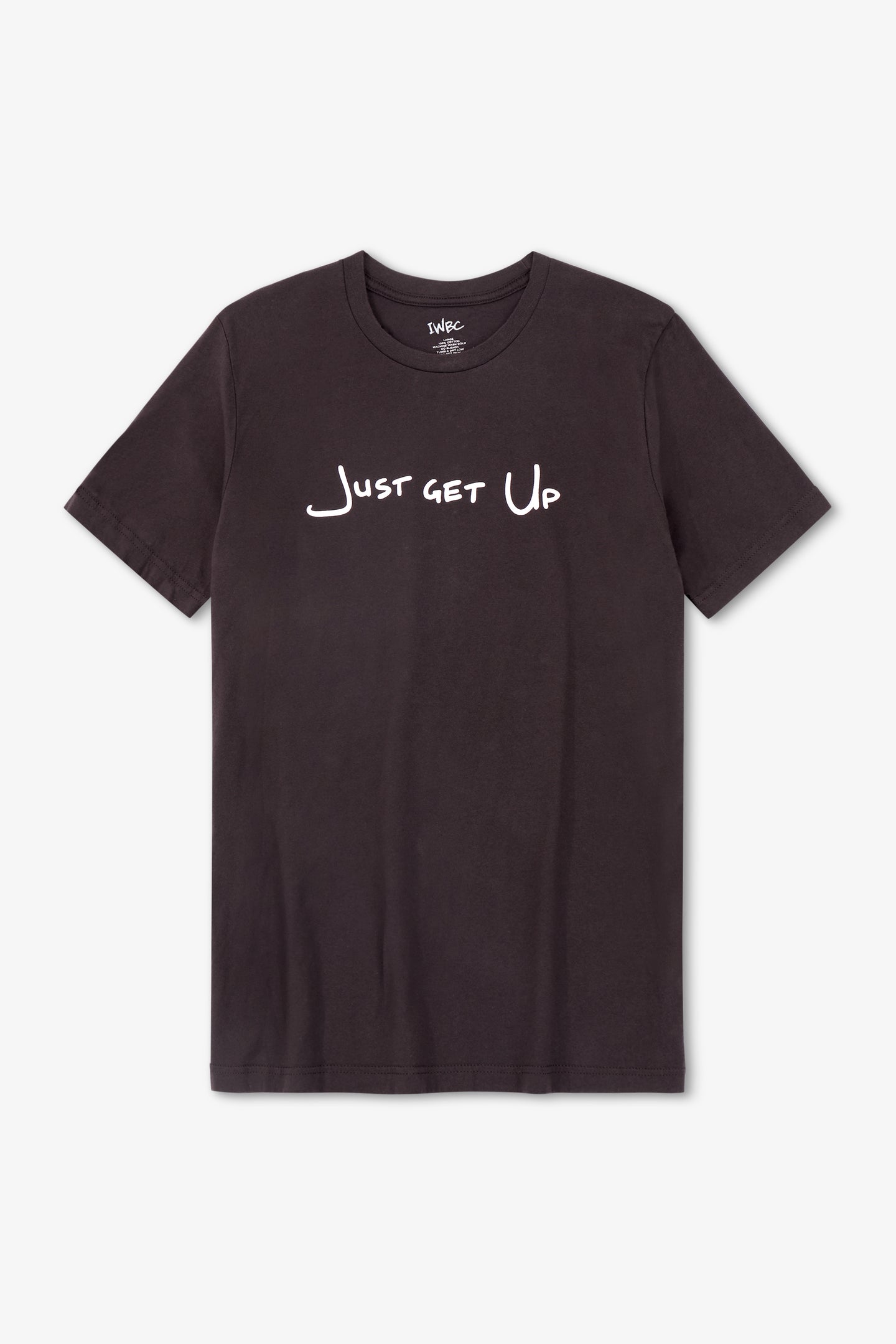 Black t-shirt with 'Just Get Up' text on a white background