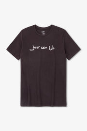 Black t-shirt with 'Just Get Up' text on a white background