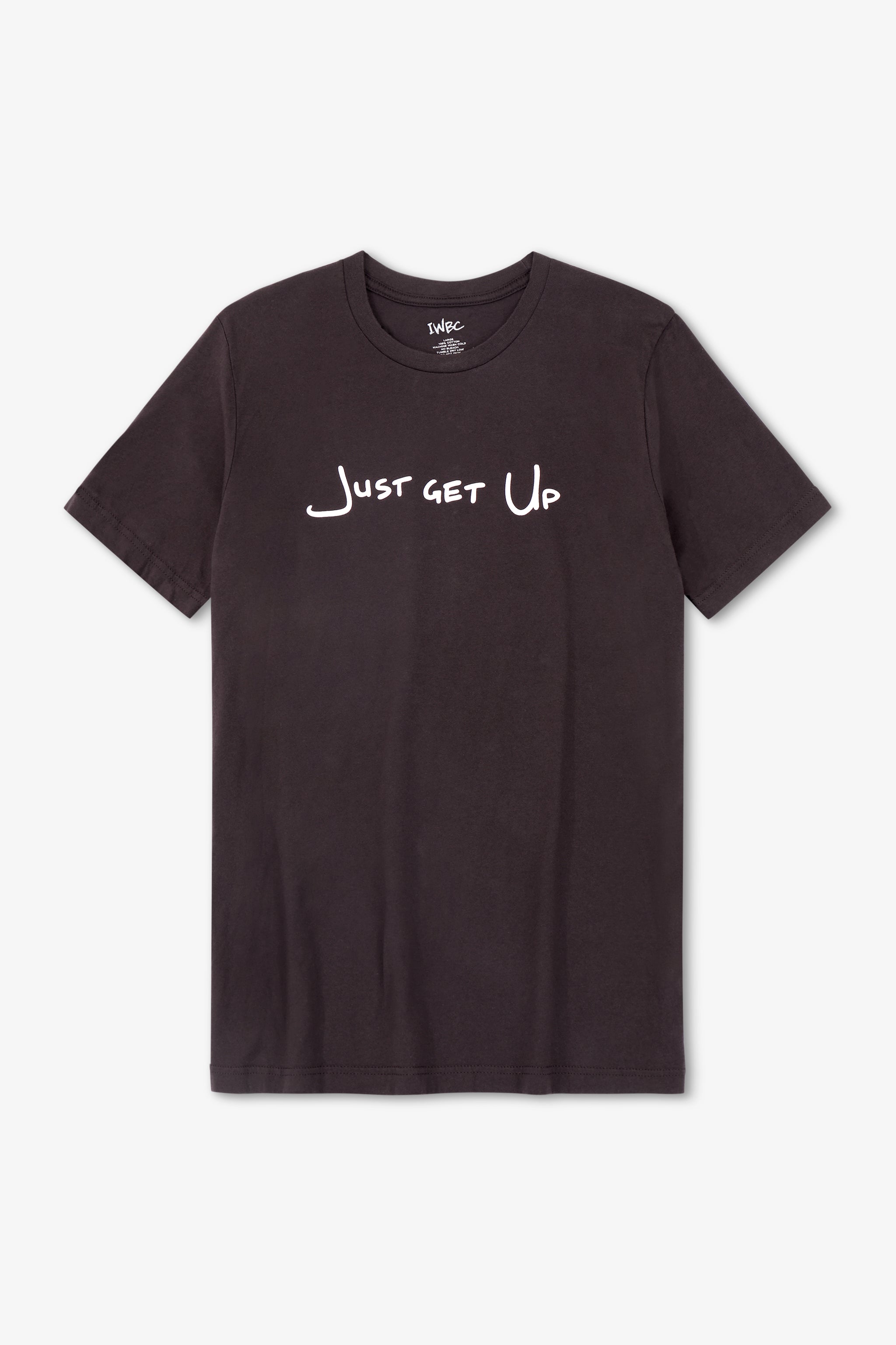 Black t-shirt with 'Just Get Up' text on a white background