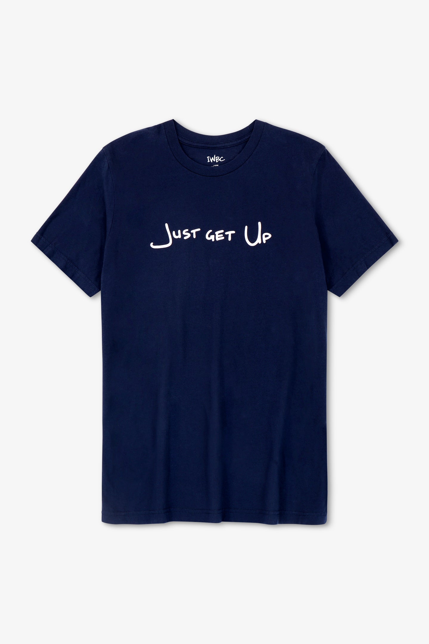 Navy blue t-shirt with 'Just Get Up' text on a light gray background