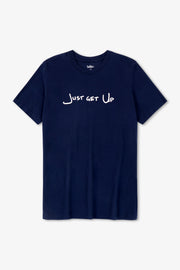 Navy blue t-shirt with 'Just Get Up' text on a light gray background