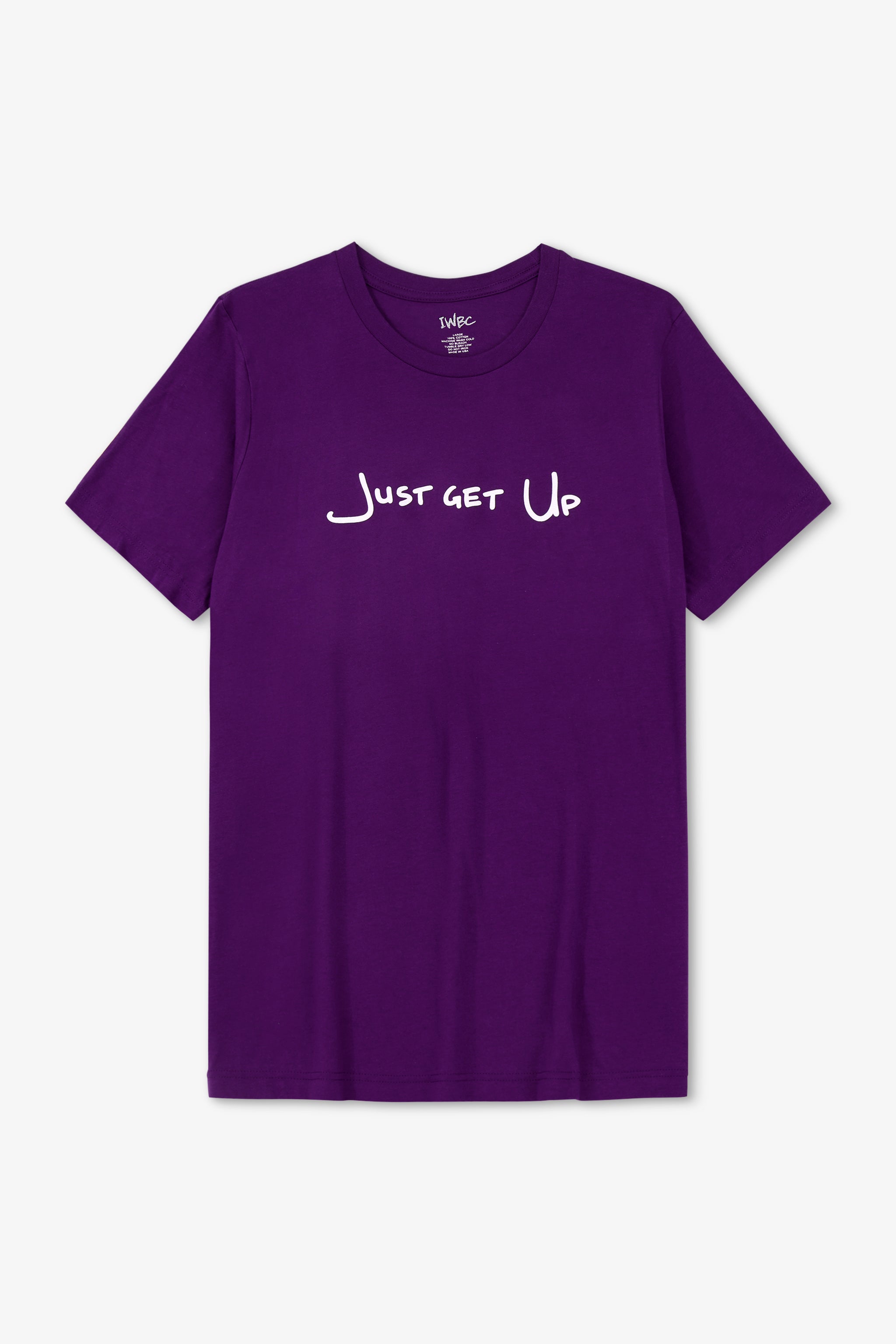 Purple t-shirt with 'Just Get Up' text on a white background