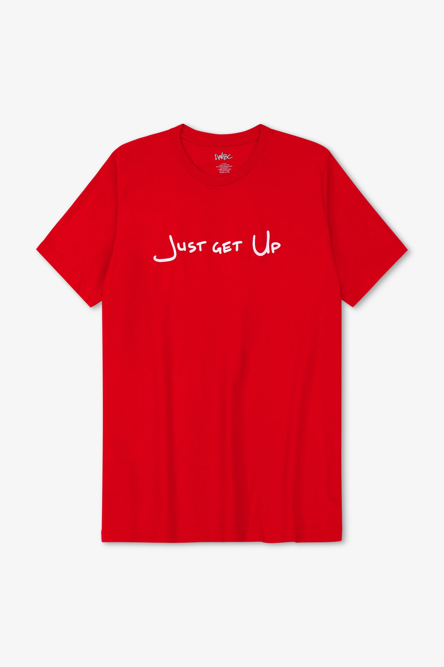 Red t-shirt with 'Just get Up' text on a white background