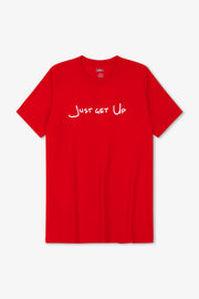 Red t-shirt with 'Just get Up' text on a white background