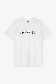 White t-shirt with 'Just Get Up' text on a white background