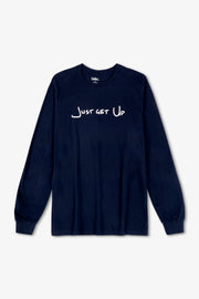 Navy long-sleeve shirt with 'Just Get Up' text on a white background