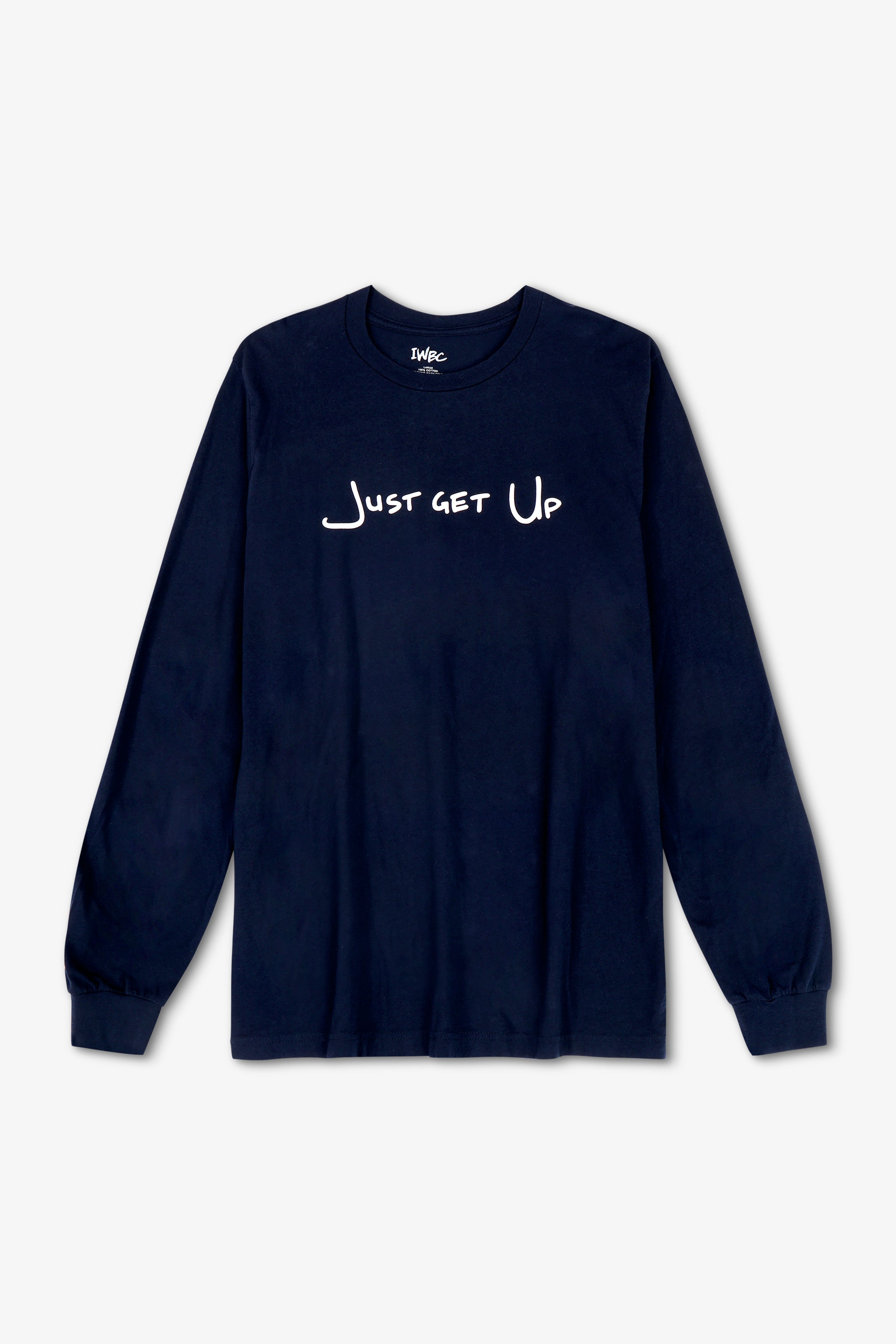 Navy long-sleeve shirt with 'Just Get Up' text on a white background