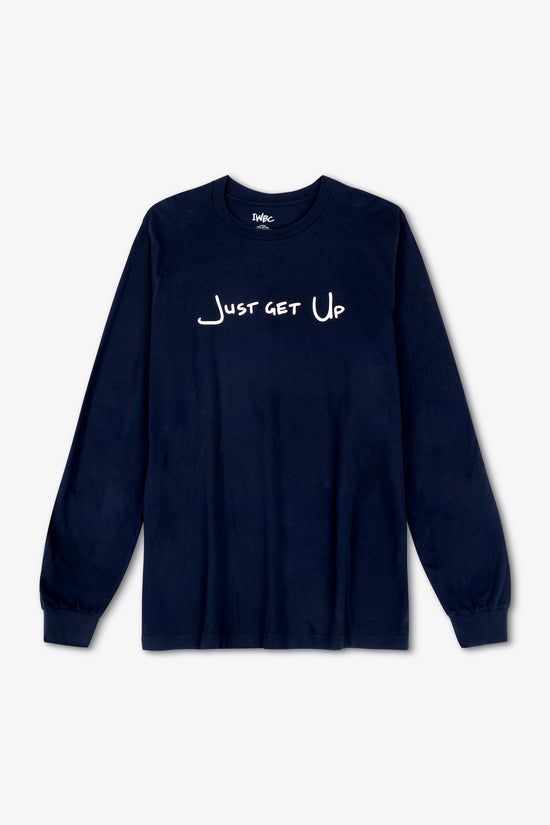 Navy long-sleeve shirt with 'Just Get Up' text on a white background