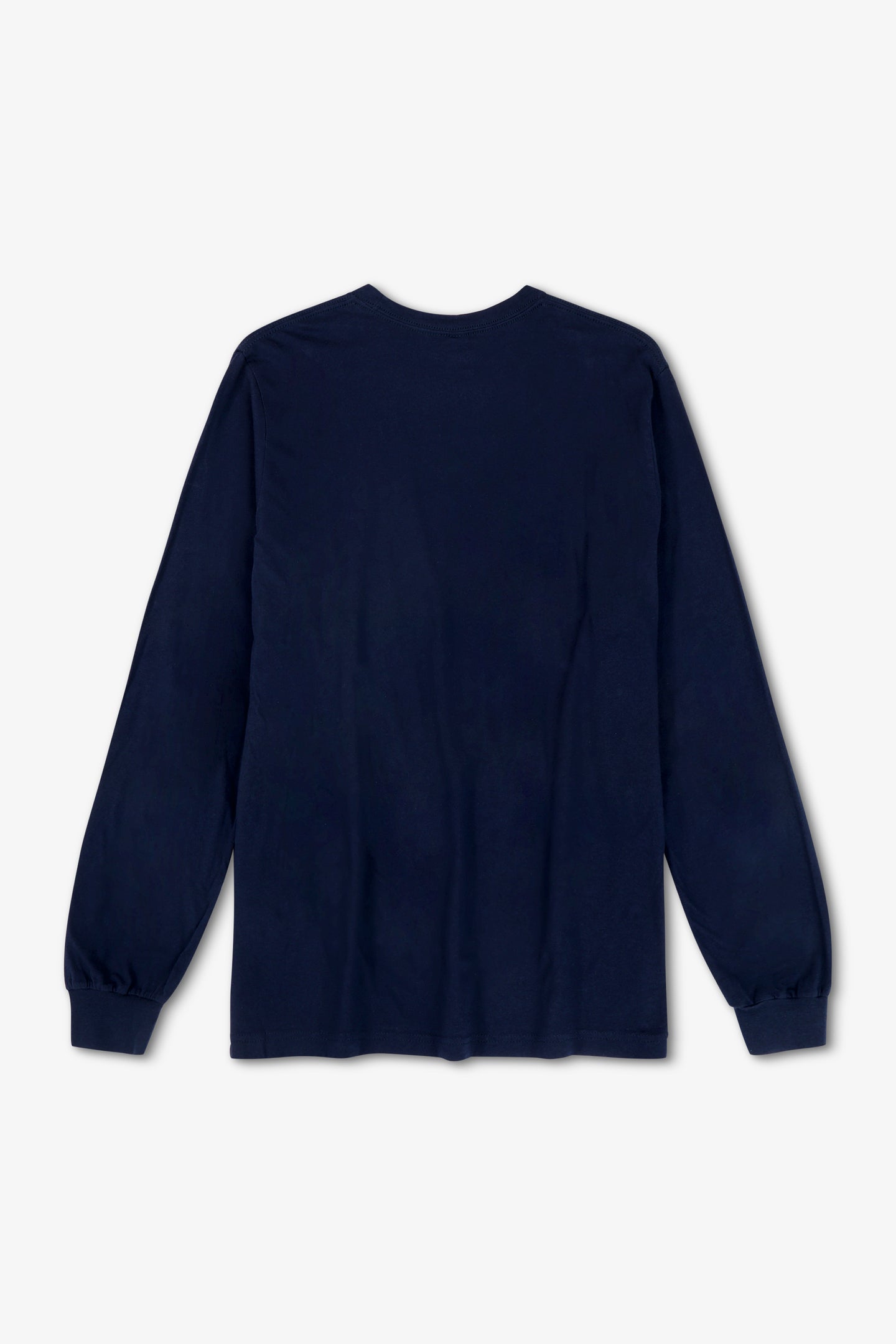 Navy blue long-sleeve shirt on a light gray background