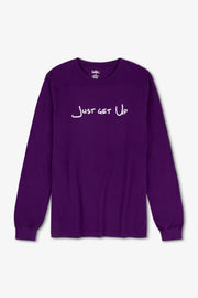 Purple long-sleeve shirt with 'Just Get Up' text on a white background