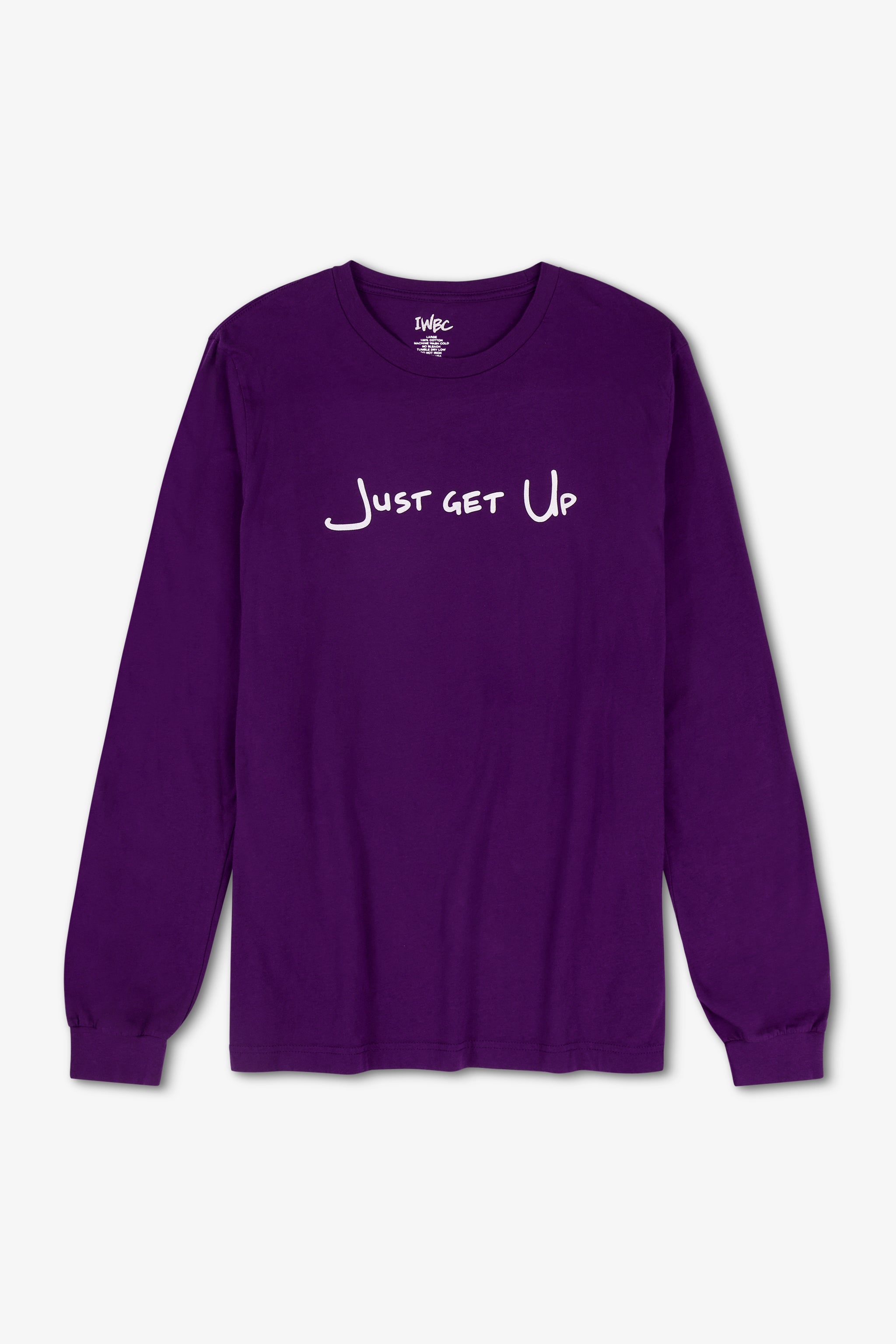 Purple long-sleeve shirt with 'Just Get Up' text on a white background
