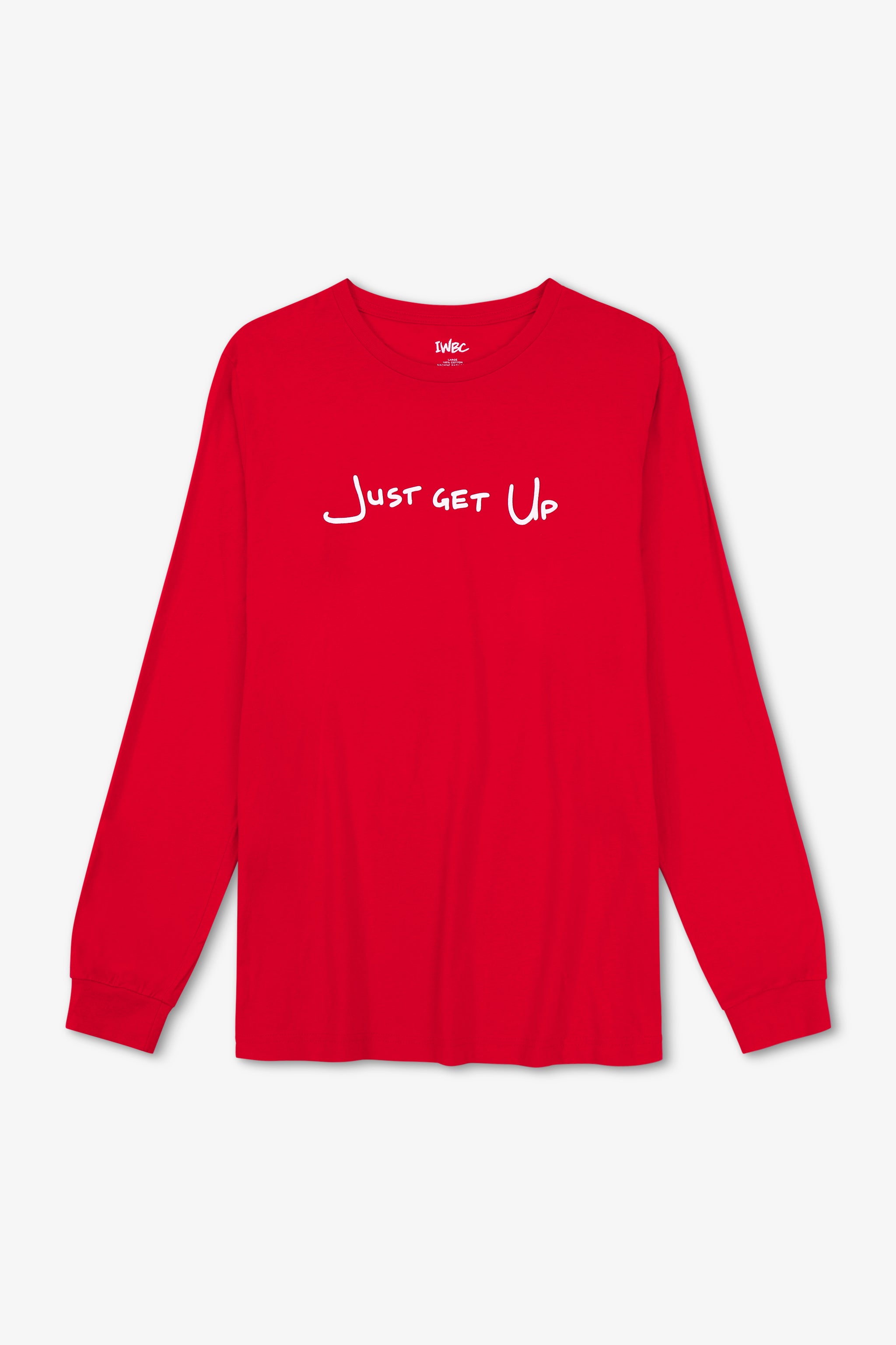 Red long-sleeve shirt with 'Just Get Up' text on a white background