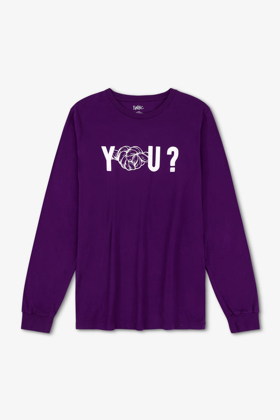 Purple long-sleeve shirt with 'YOU?' text on a white background