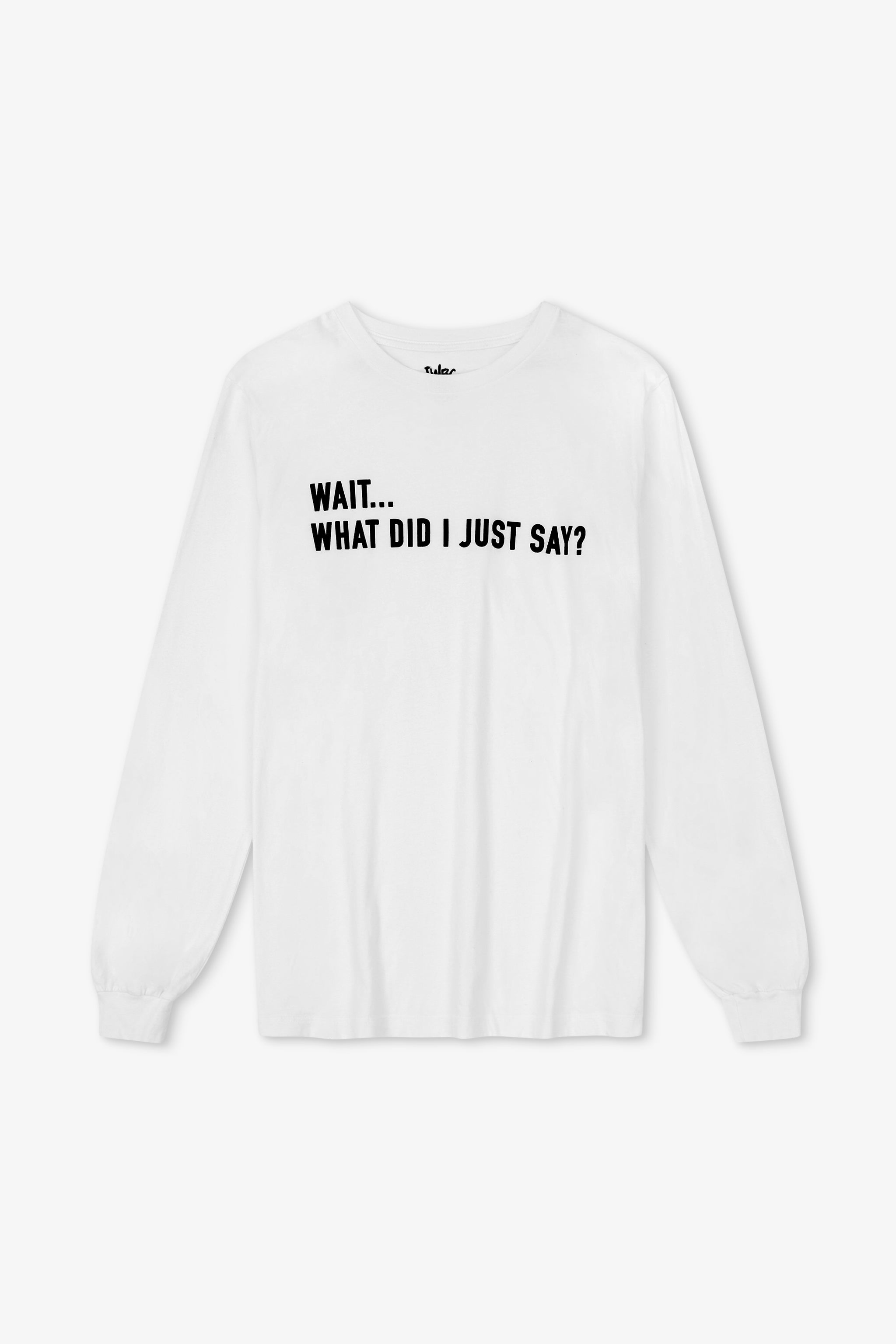 White sweatshirt with text 'WAIT... WHAT DID I JUST SAY?' on a white background