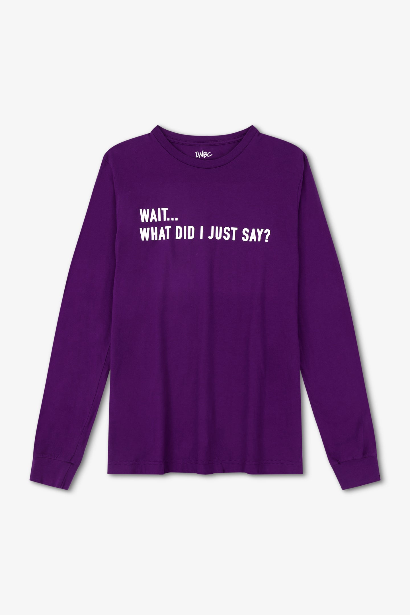 Purple long-sleeve shirt with white text on a light gray background