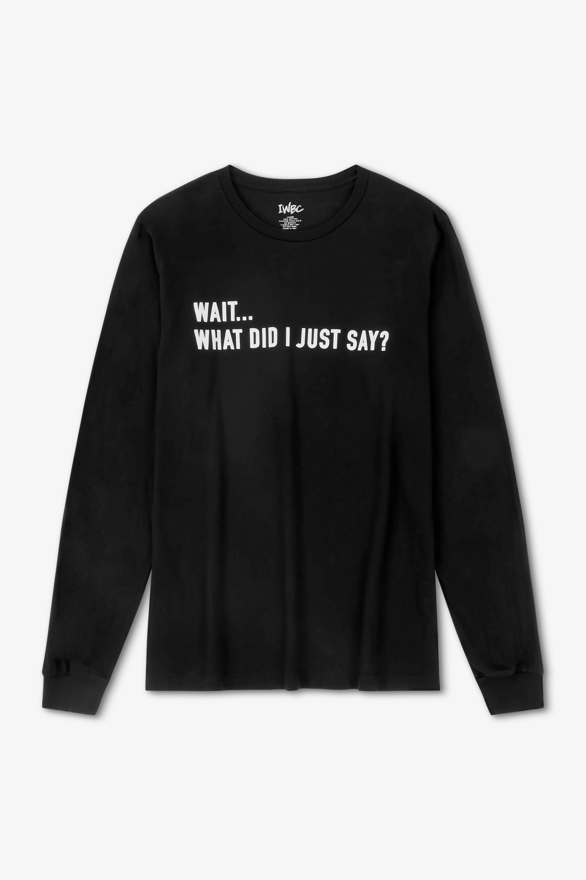 Black long-sleeve shirt with white text on a light gray background