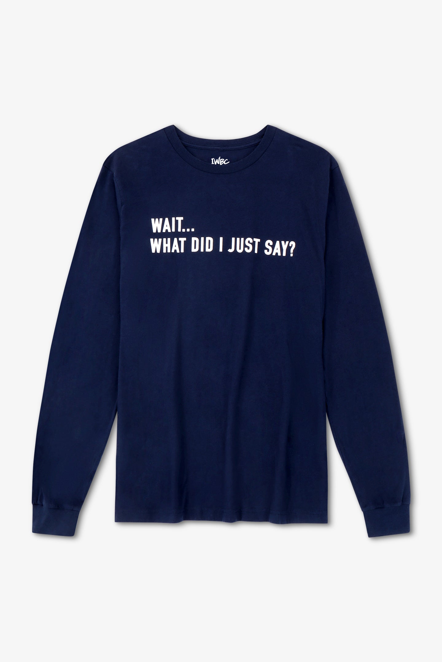 Navy blue long-sleeve shirt with white text on a light gray background