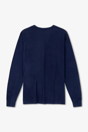 Navy blue long-sleeve shirt on a light gray background